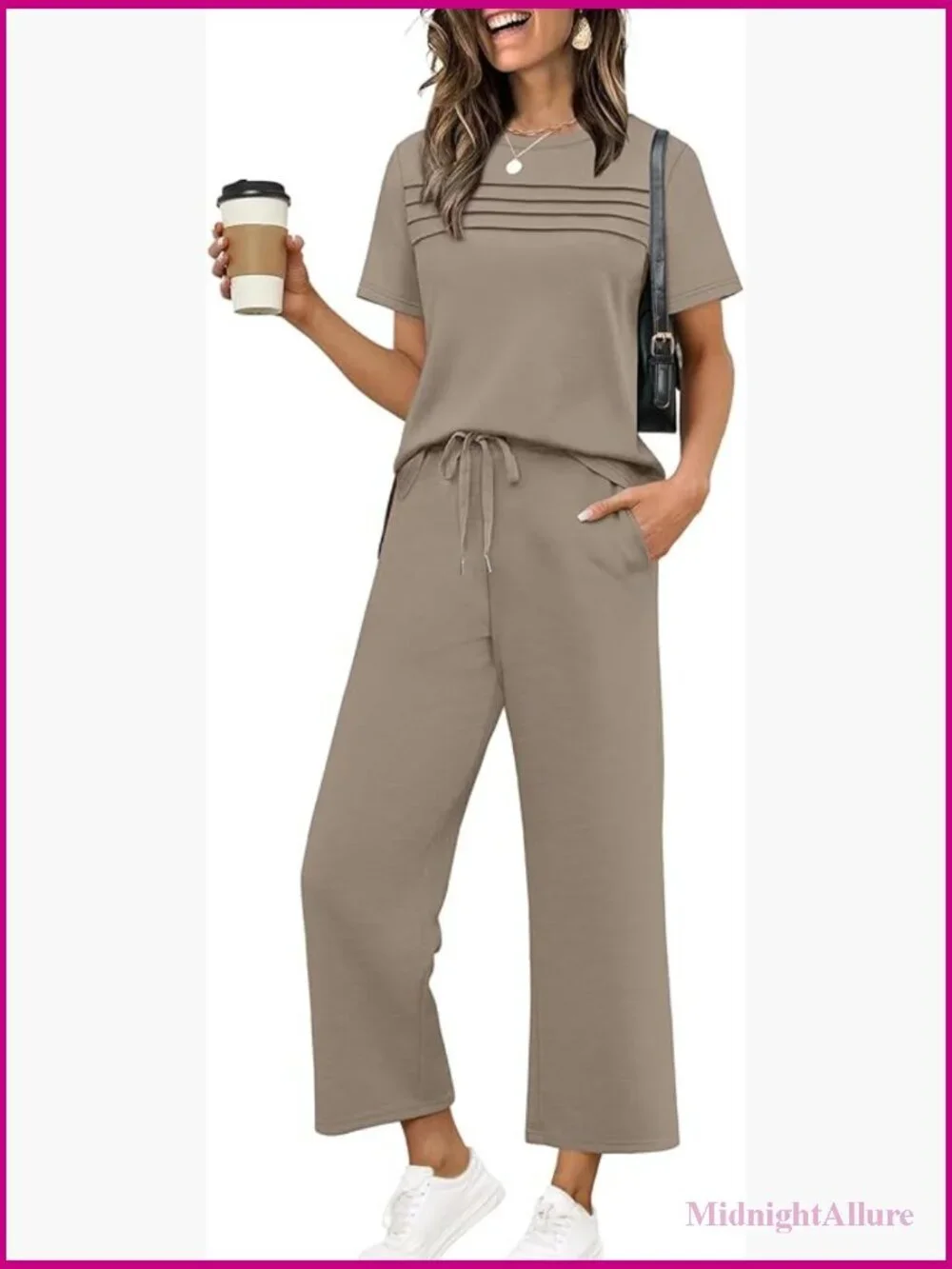 Two Piece Lounge Set Short Sleeve Wide Leg Pants Travel Outfits S-3XL